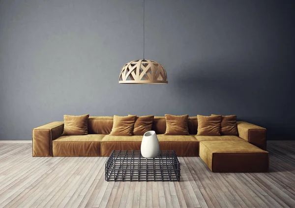 Σύγχρονη Καθιστικό Δωμάτιο Κίτρινο Καναπέ Και Φωτιστικό Σκανδιναβικό Εσωτερικό Design — Φωτογραφία Αρχείου