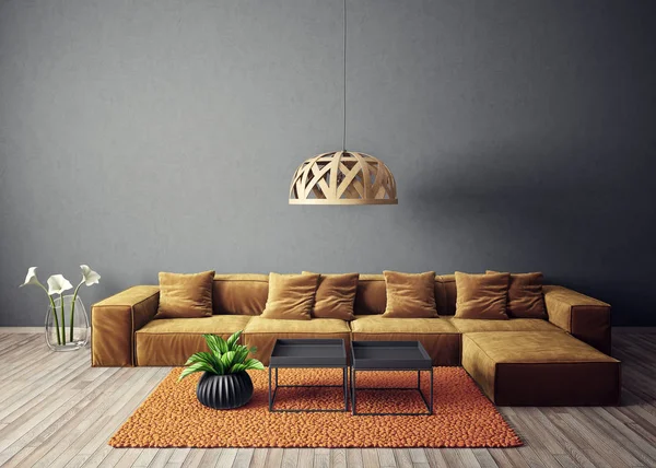 黄色のソファ ランプ モダンなリビング ルーム 北欧のインテリア デザインの家具 レンダリング図 — ストック写真