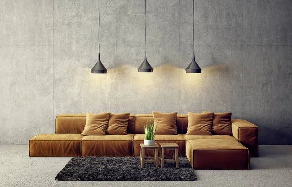 modern living room  with yellow sofa  and lamp. scandinavian interior design furniture. 3d render illustration