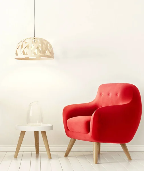 Modernt Vardagsrum Med Röda Fåtöljer Och Lampa Skandinaviska Inredningsmöbler Återgivning — Stockfoto