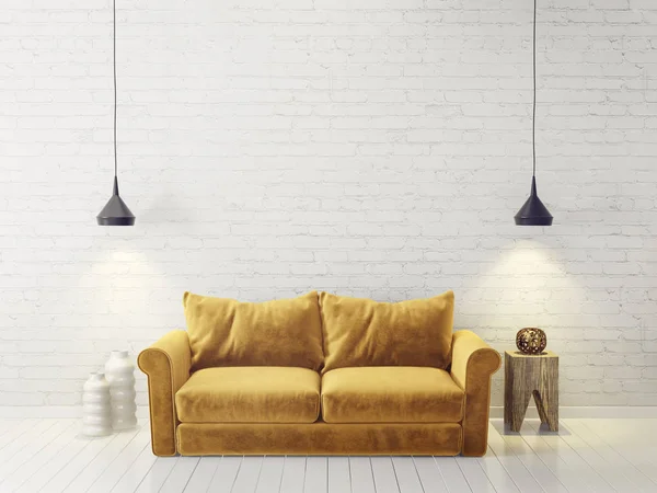 Modern living room with yellow sofa and lamp. scandinavian interior design furniture. 3d render illustration — Stock Image Modern Living Room Yellow Sofa Lamp Scandinavian Interior Design Furniture Stock Photo