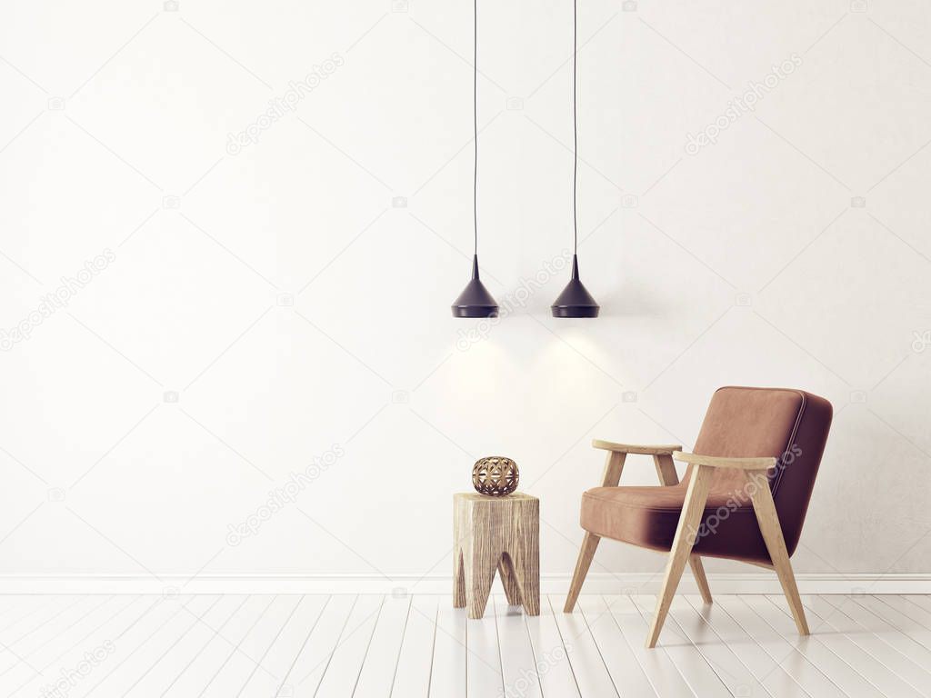 modern living room  with armchair and lamp. scandinavian interior design furniture. 3d render illustration