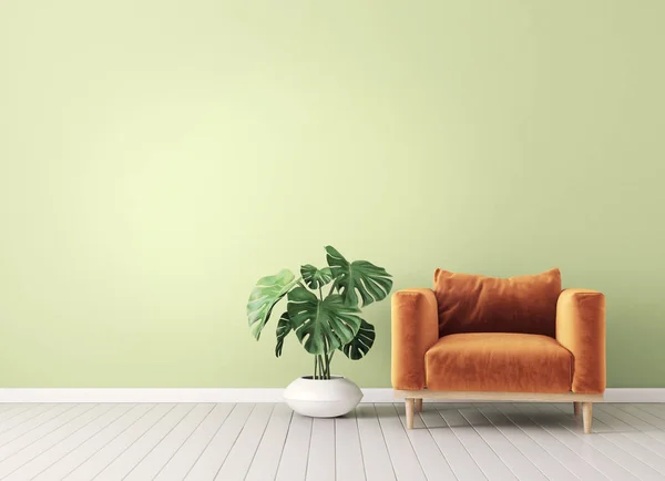 modern living room  with orange armchair and plant. scandinavian interior design furniture. 3d render illustration