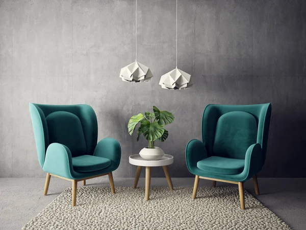 现代客厅与扶手椅和灯 斯堪的纳维亚室内设计家具 渲染插图 — 图库照片
