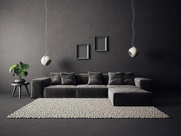 グレーのソファーと黒い壁のモダンなリビング ルーム 北欧のインテリア デザインの家具 レンダリング図 — ストック写真