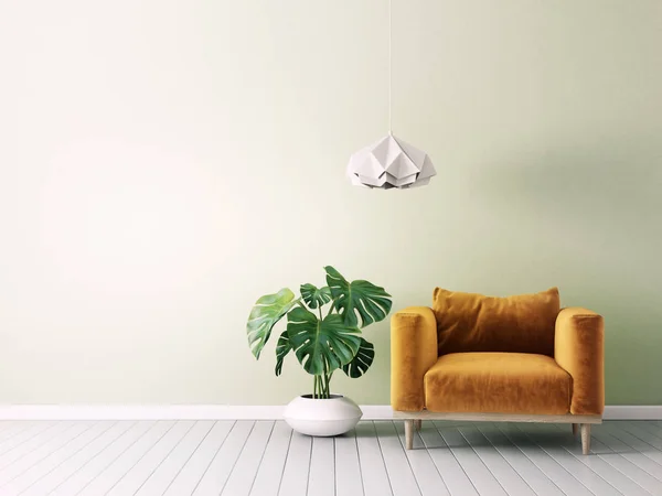 Soggiorno Moderno Con Poltrona Gialla Lampada Mobili Interior Design Scandinavo — Foto Stock