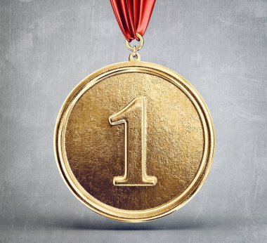 Gri zemin üzerine altın madalya. 3D çizim