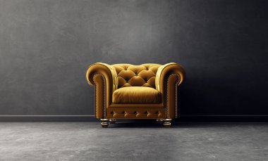 Sarı koltuk modern oturma odası. İskandinav iç tasarım mobilya. 3D render illüstrasyon