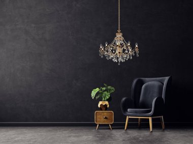 Koltuk ve altın avize modern oturma odası. İskandinav iç tasarım mobilya. 3D render illüstrasyon