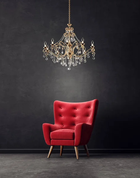赤い肘掛け椅子と黄金のシャンデリアのモダンなリビング ルーム 北欧のインテリア デザインの家具 レンダリング図 — ストック写真