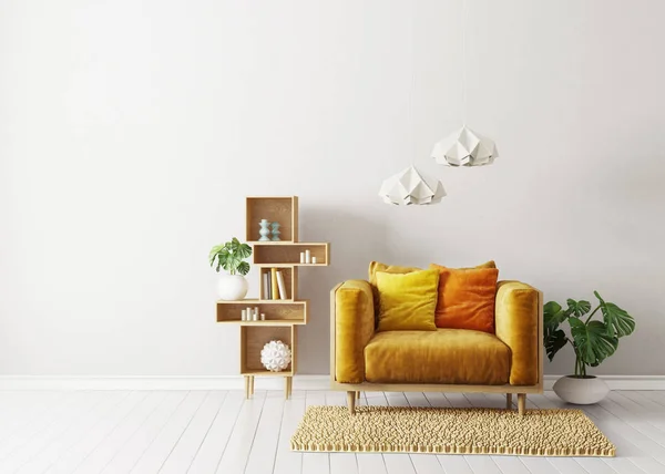 Modern living room with yellow armchair and lamp. Scandinavian interior design furniture. 3d render illustration