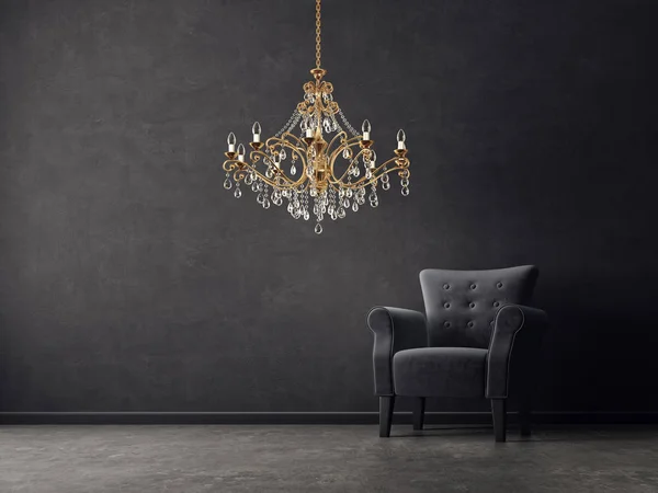 Salón Moderno Con Sillón Lámpara Araña Dorada Muebles Escandinavos Diseño —  Fotos de Stock
