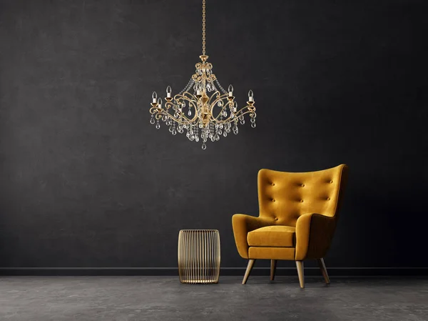 现代客厅 黄色扶手椅和金色吊灯 斯堪的纳维亚室内设计家具 渲染插图 — 图库照片