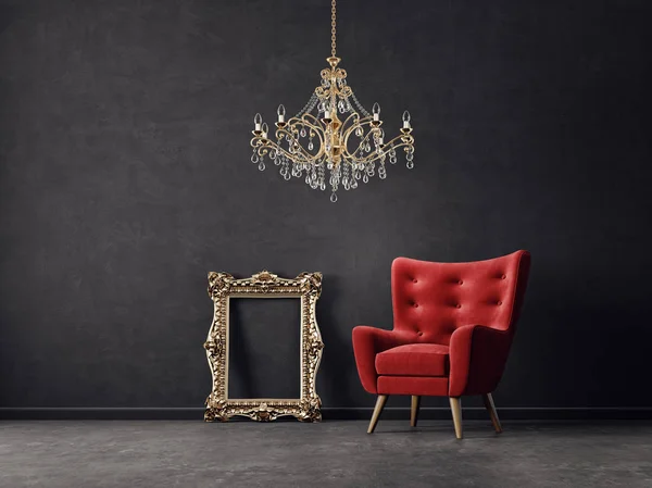 Soggiorno Moderno Con Poltrona Rossa Lampadario Dorato Arredamento Interni Scandinavo — Foto Stock