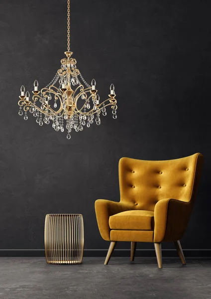 现代客厅 黄色扶手椅和金色吊灯 斯堪的纳维亚室内设计家具 渲染插图 — 图库照片