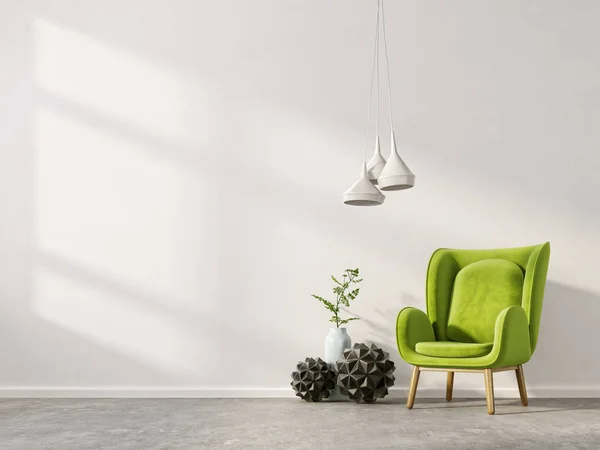 Modern living room with green armchair and lamp. Scandinavian interior design furniture. 3d render illustration