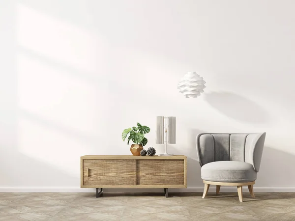 グレーのアームチェアとランプ付きのモダンなリビングルーム 北欧インテリアデザインの家具 3Dレンダリング図 — ストック写真