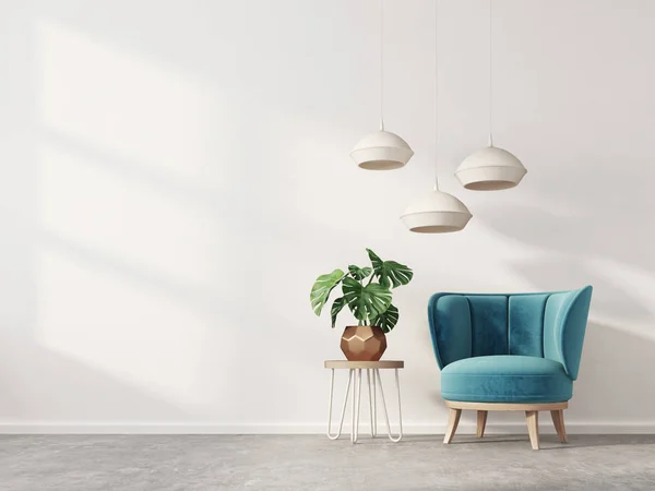 ブルーアームチェアとランプ付きのモダンなリビングルーム 北欧インテリアデザインの家具 3Dレンダリング図 — ストック写真