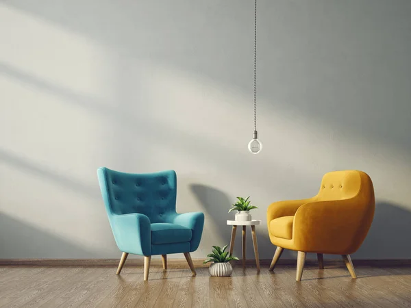 Σύγχρονη Καθιστικό Δωμάτιο Κίτρινο Και Μπλε Πολυθρόνα Σκανδιναβικό Εσωτερικό Design — Φωτογραφία Αρχείου