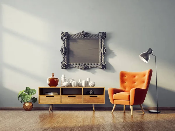 Μοντέρνο Σαλόνι Πορτοκαλί Πολυθρόνα Και Λάμπα Σκανδιναβικά Έπιπλα Εσωτερικού Σχεδιασμού — Φωτογραφία Αρχείου