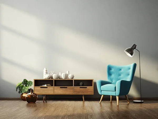 Moderna Sala Estar Con Sillón Azul Lámpara Muebles Escandinavos Diseño —  Fotos de Stock