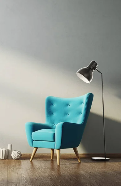ブルーアームチェアとランプ付きのモダンなリビングルーム 北欧インテリアデザインの家具 3Dレンダリング図 — ストック写真
