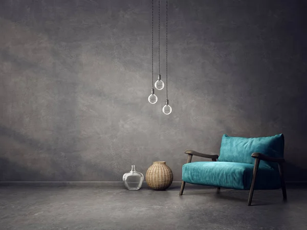 Mavi Koltuk Lambalar Ile Modern Oturma Odası Skandinav Tasarım Mobilya — Stok fotoğraf