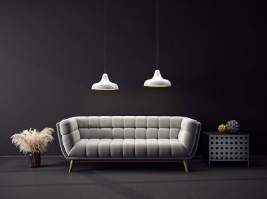 Gri koltuklu modern tasarım. İskandinav mobilyası. 3d illüstrasyon