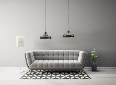 Gri koltuklu modern tasarım. İskandinav mobilyası. 3d illüstrasyon