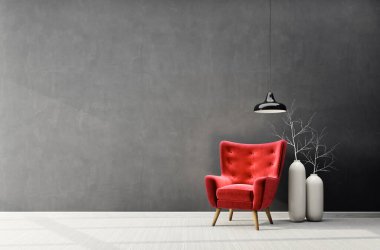 Kırmızı koltuklu modern tasarım. İskandinav mobilyası. 3d illüstrasyon