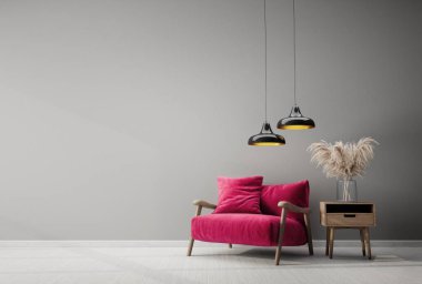 Pembe koltuklu modern tasarım. İskandinav mobilyası. 3d illüstrasyon
