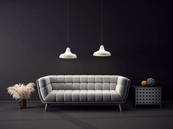 グレーのソファとモダンなデザインのインテリア 北欧家具 3Dイラスト — ストック写真