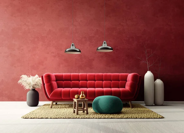Interior Design Moderno Com Sofá Vermelho Mobília Escandinava Ilustração — Fotografia de Stock