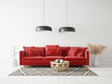 Kırmızı kanepeli modern tasarım. İskandinav mobilyası. 3d illüstrasyon