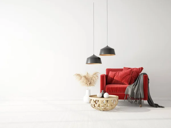 レッドアームチェア付きのモダンなデザインのインテリア 北欧家具 3Dイラスト — ストック写真