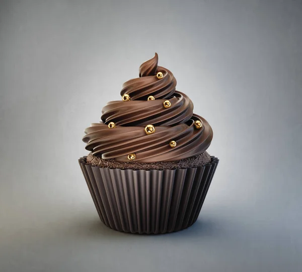 Chocolade Cupcake Geïsoleerd Een Grijs Illustratie — Stockfoto