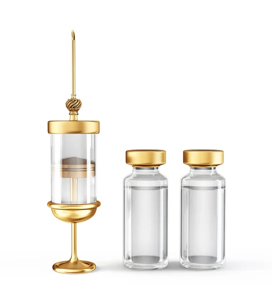 金色のバイアルと注射器が白で隔離されてる 3Dイラスト — ストック写真