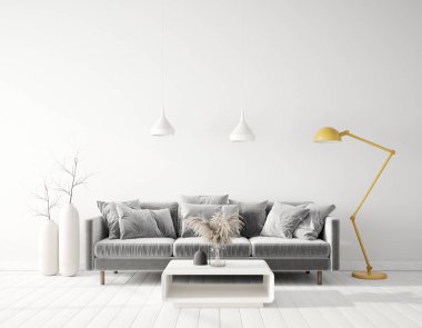 Gri koltuklu modern tasarım. İskandinav mobilyası. 3d illüstrasyon
