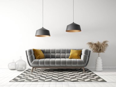 Koltuklu modern tasarım. İskandinav mobilyası. 3d illüstrasyon