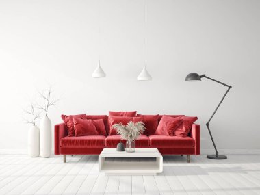 Kırmızı kanepeli modern tasarım. İskandinav mobilyası. 3d illüstrasyon