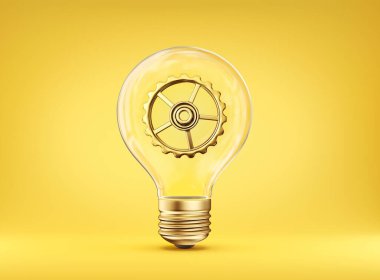 Dişli ampul, sarı renkte izole edilmiş konsept. 3d illüstrasyon