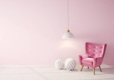 Pembe koltuklu modern tasarım. İskandinav mobilyası. 3d illüstrasyon
