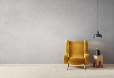 Sarı koltuklu modern iç tasarım modeli. İskandinav mobilyası. 3d illüstrasyon