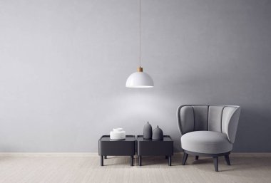 Gri koltuklu modern iç tasarım modeli. İskandinav mobilyası. 3d illüstrasyon