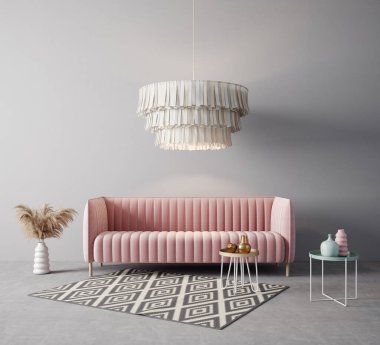 Kanepenin modern iç tasarımı. İskandinav mobilyası. 3d illüstrasyon