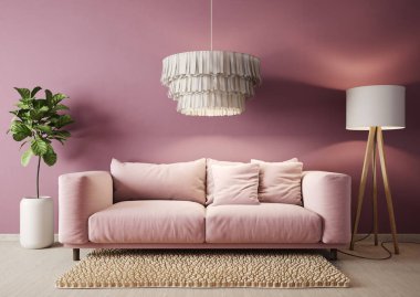 Pembe kanepe ile modern tasarım iç modeli. İskandinav mobilyası. 3d illüstrasyon