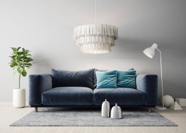 Mavi koltuklu modern tasarım iç tasarım. İskandinav mobilyası. 3d illüstrasyon