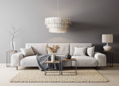 Beyaz koltuklu modern tasarım. İskandinav mobilyası. 3d illüstrasyon