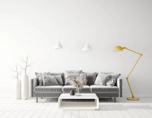 Interior Diseño Moderno Con Sofá Gris Muebles Escandinavos Ilustración — Foto de Stock