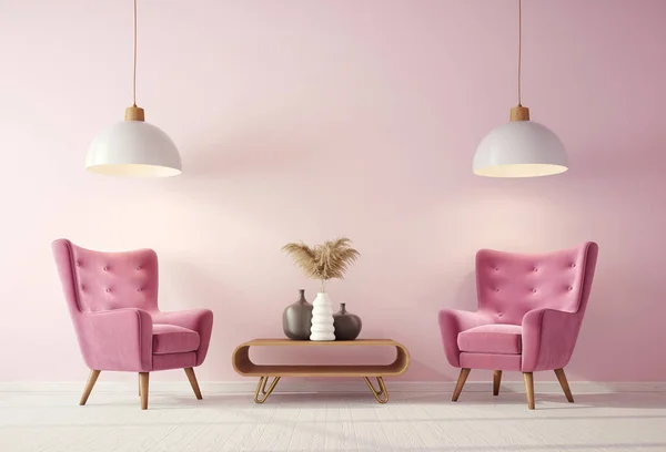 Interior Design Moderno Com Poltrona Rosa Mobília Escandinava Ilustração — Fotografia de Stock